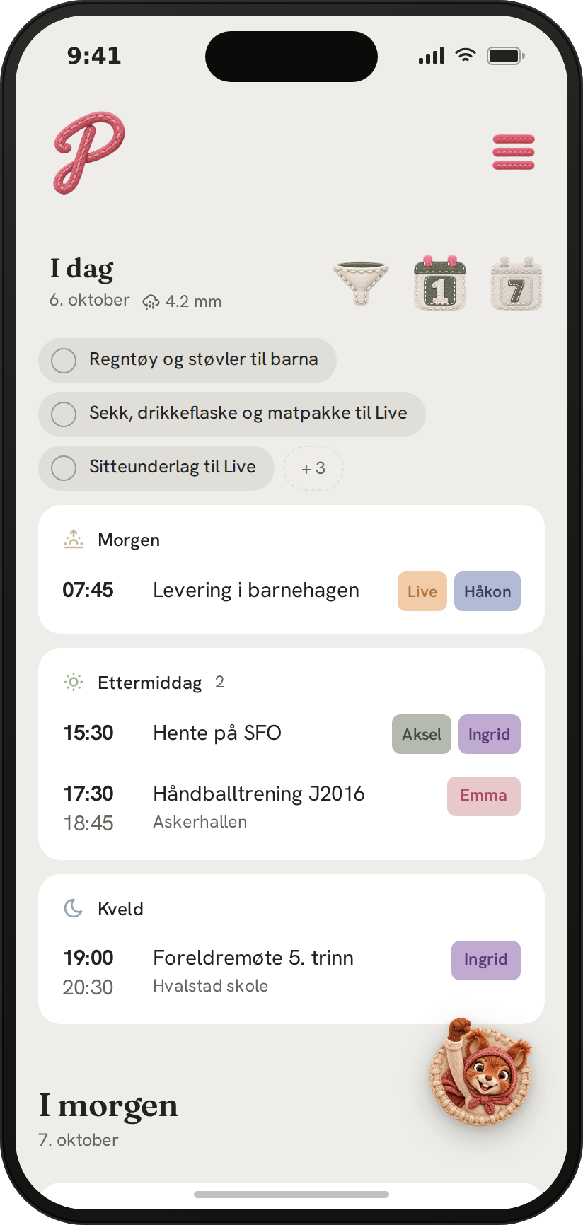 Dagsvisningen i Planny med fargede navnelapper